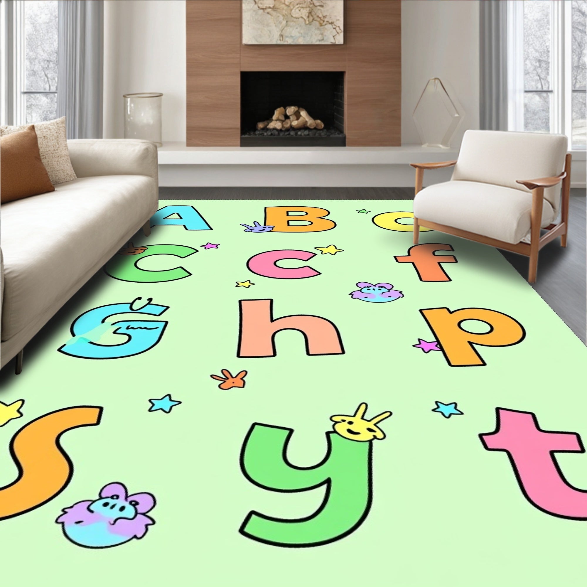 Playful Alphabet Characters Bright Colors Rug