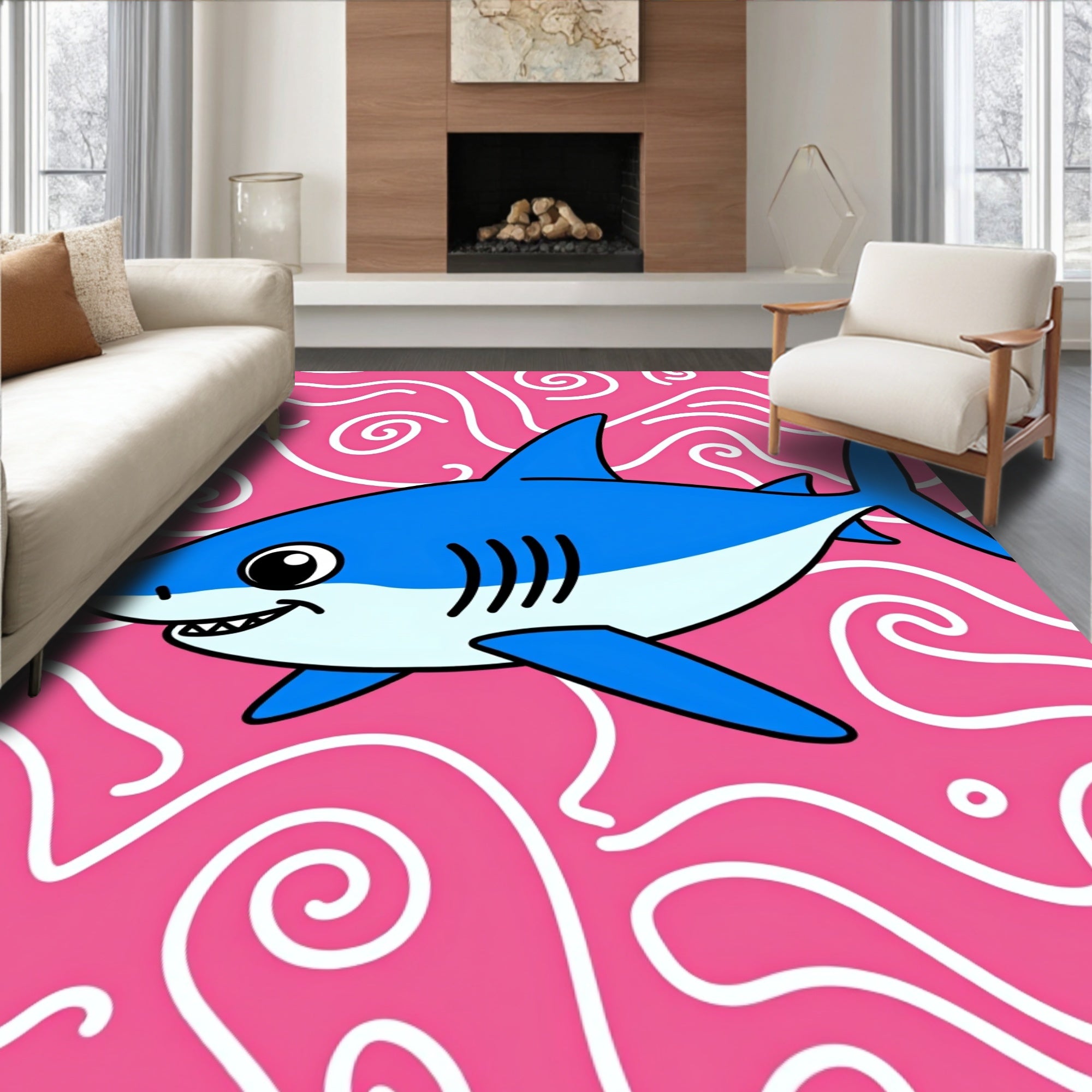Blue Shark On Pink Swirl Background Rug