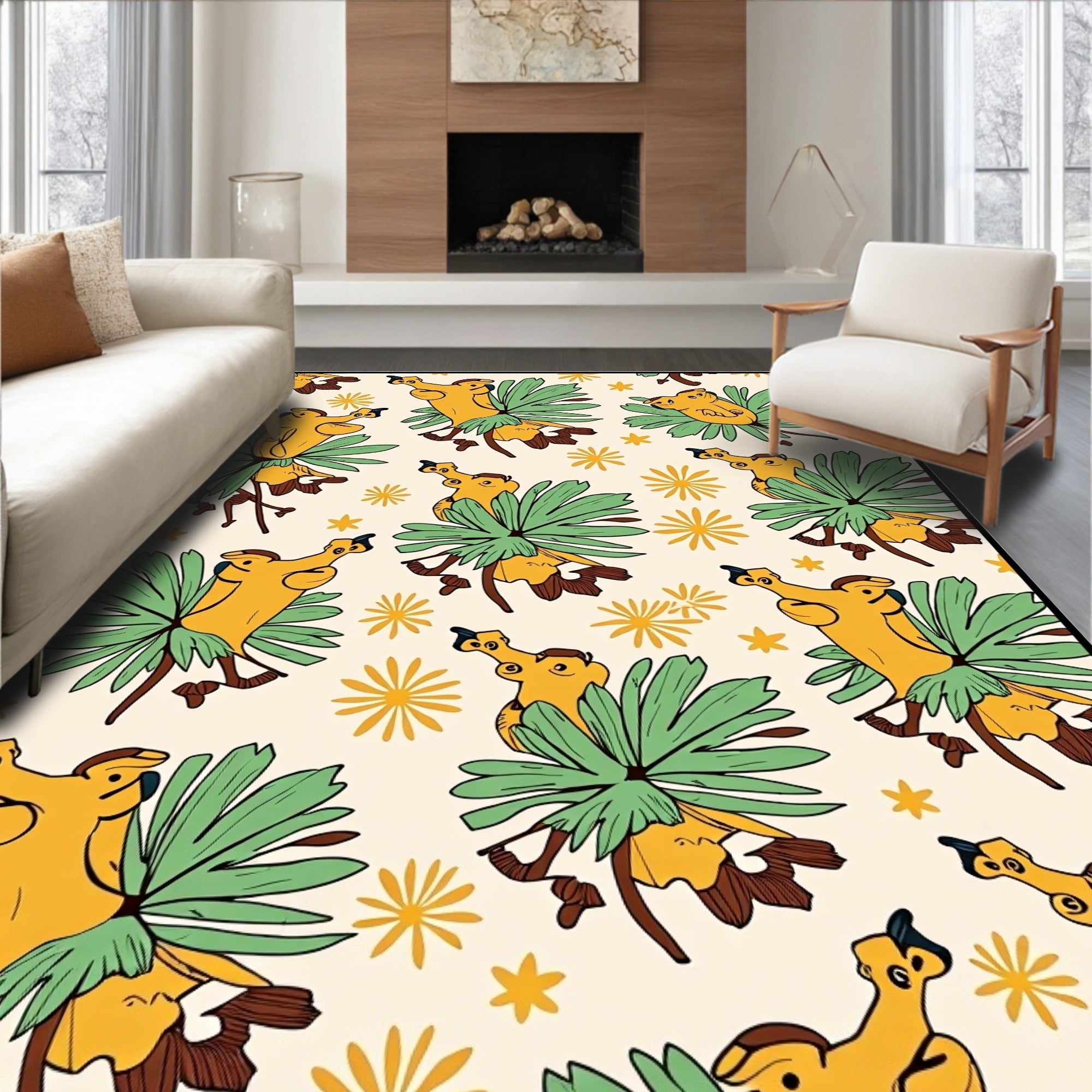 Whimsical Yellow Bird Floral Meadow Rug