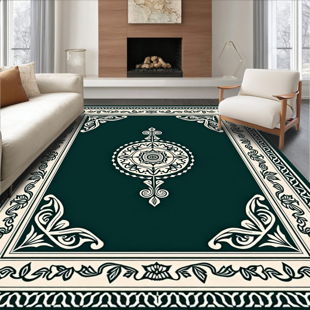 Forest Green Cream Floral Medallion Rug