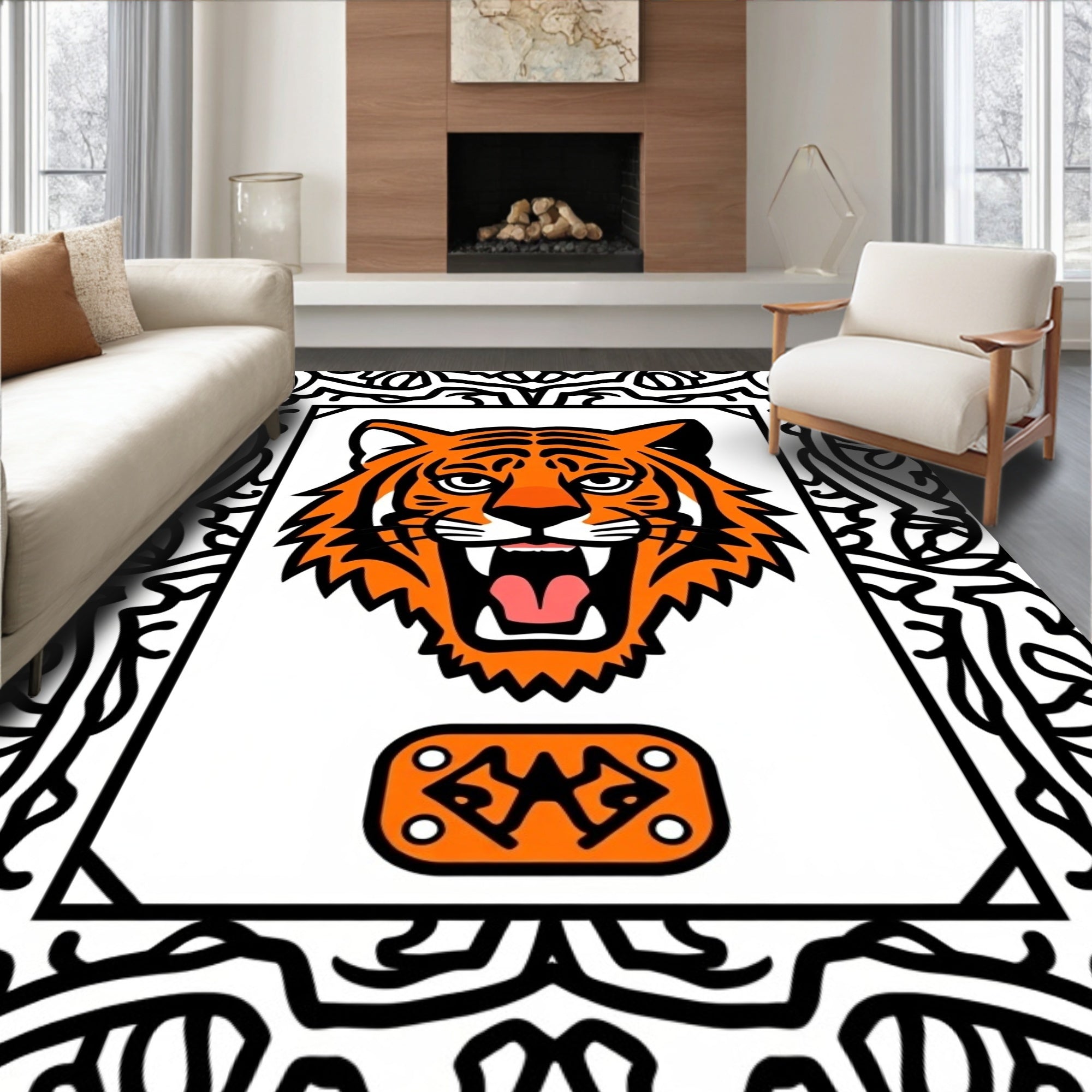 Bold Orange Tiger Face Border Rug