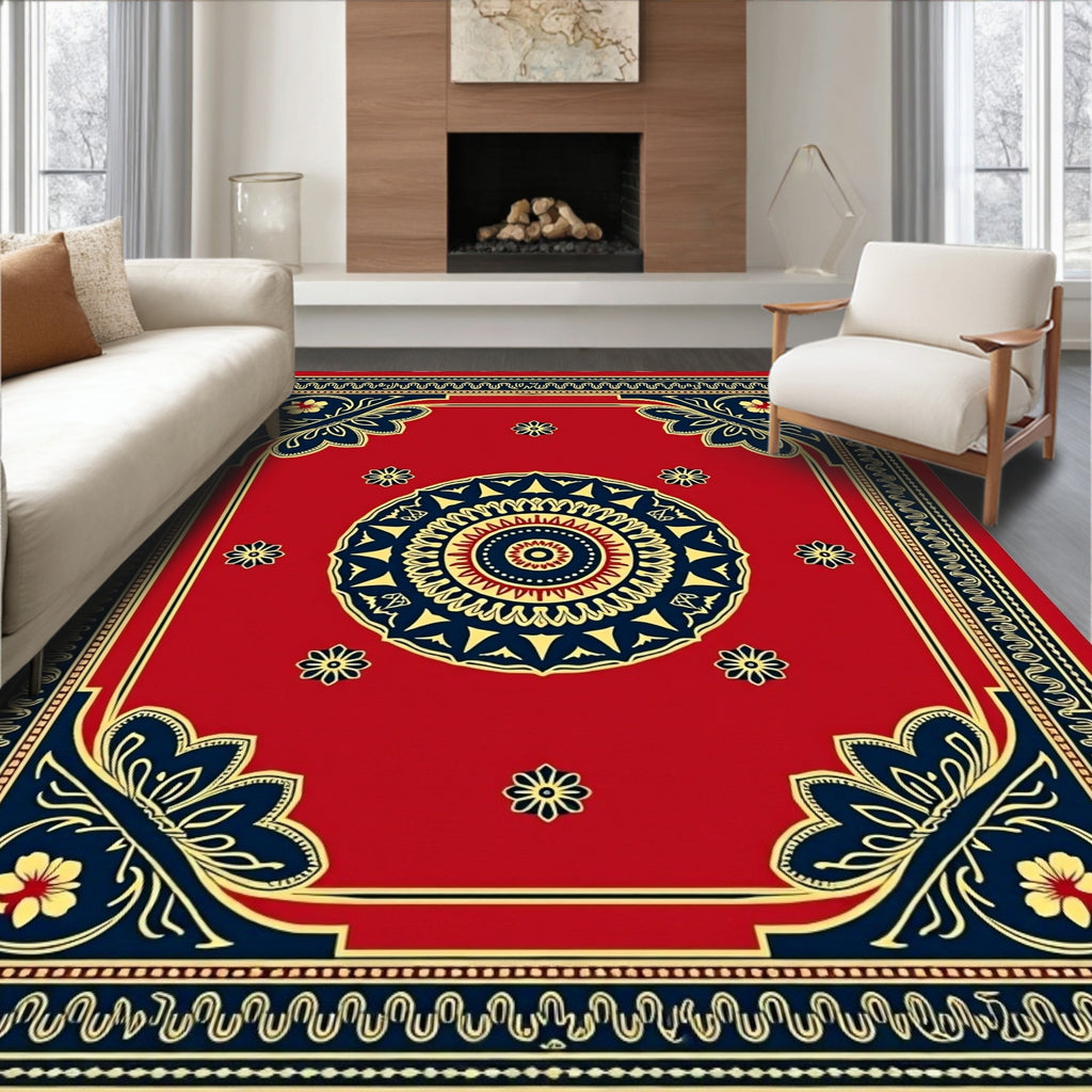 Vibrant Red Golden Floral Medallion Rug