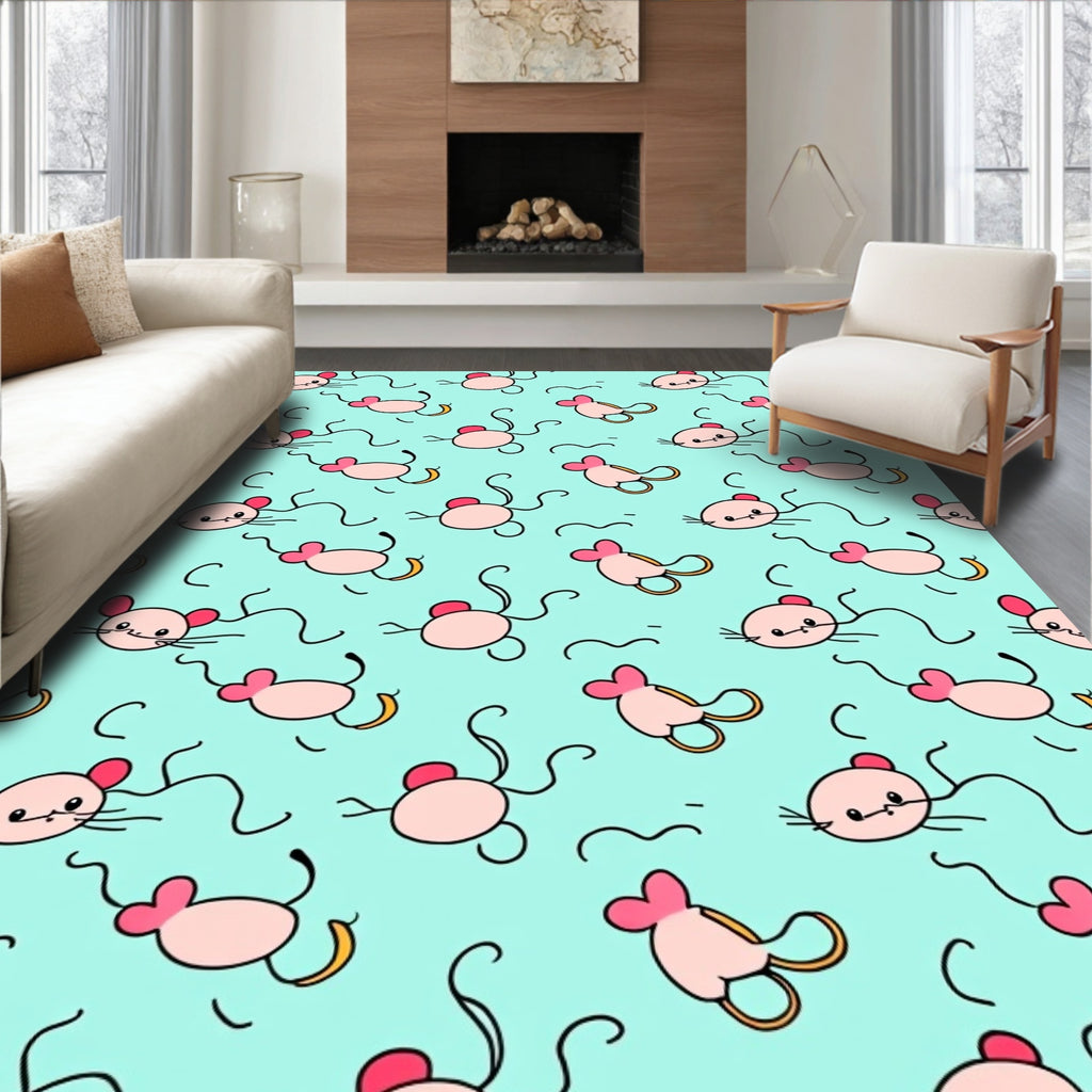 Cute Pink Mice Aqua Background Repeating Rug