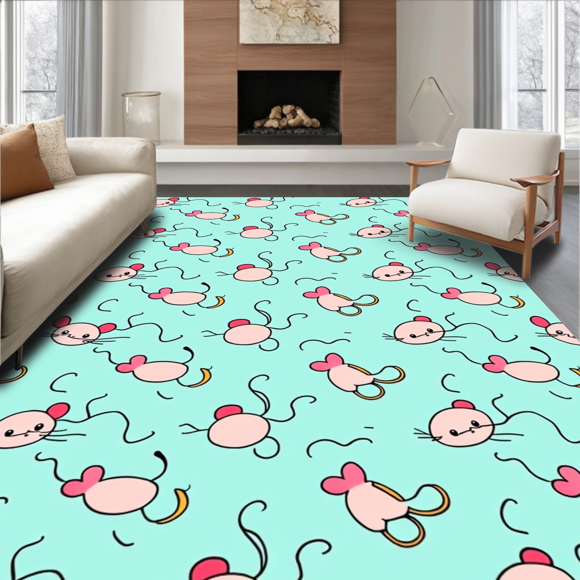 Cute Pink Mice Aqua Background Repeating Rug