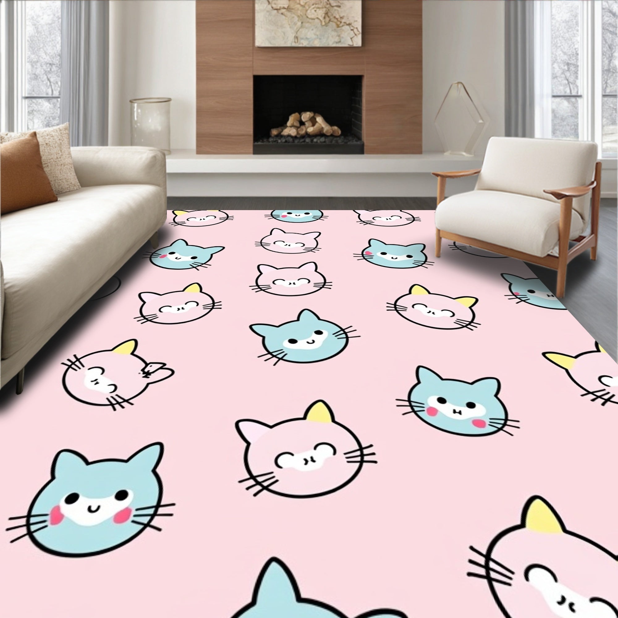Pink Blue Kawaii Kitty Faces Rug