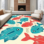 Red Blue Fish Aquatic Scene Rug