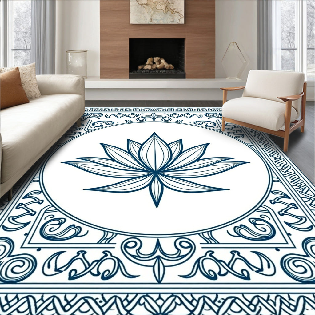 Deep Blue Lotus Floral Mandala Rug