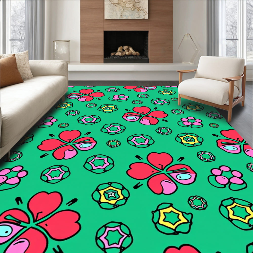 Whimsical Red Clover Green Floral Rug