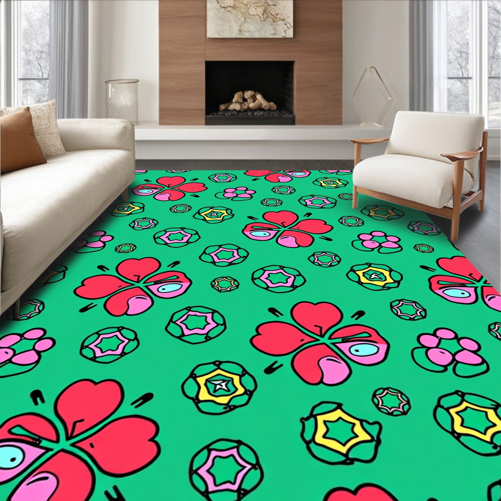 Whimsical Red Clover Green Floral Rug