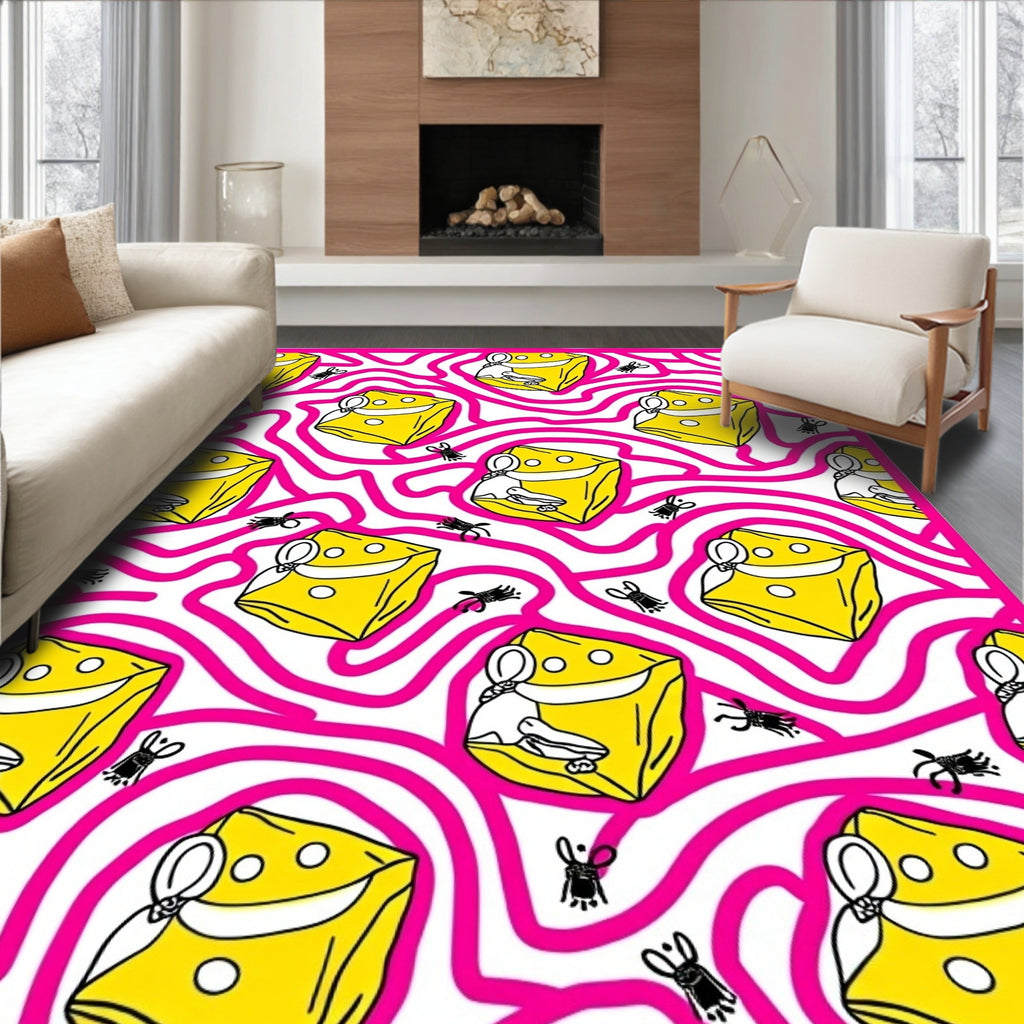Yellow Cheese Maze Pink Swirl Rug