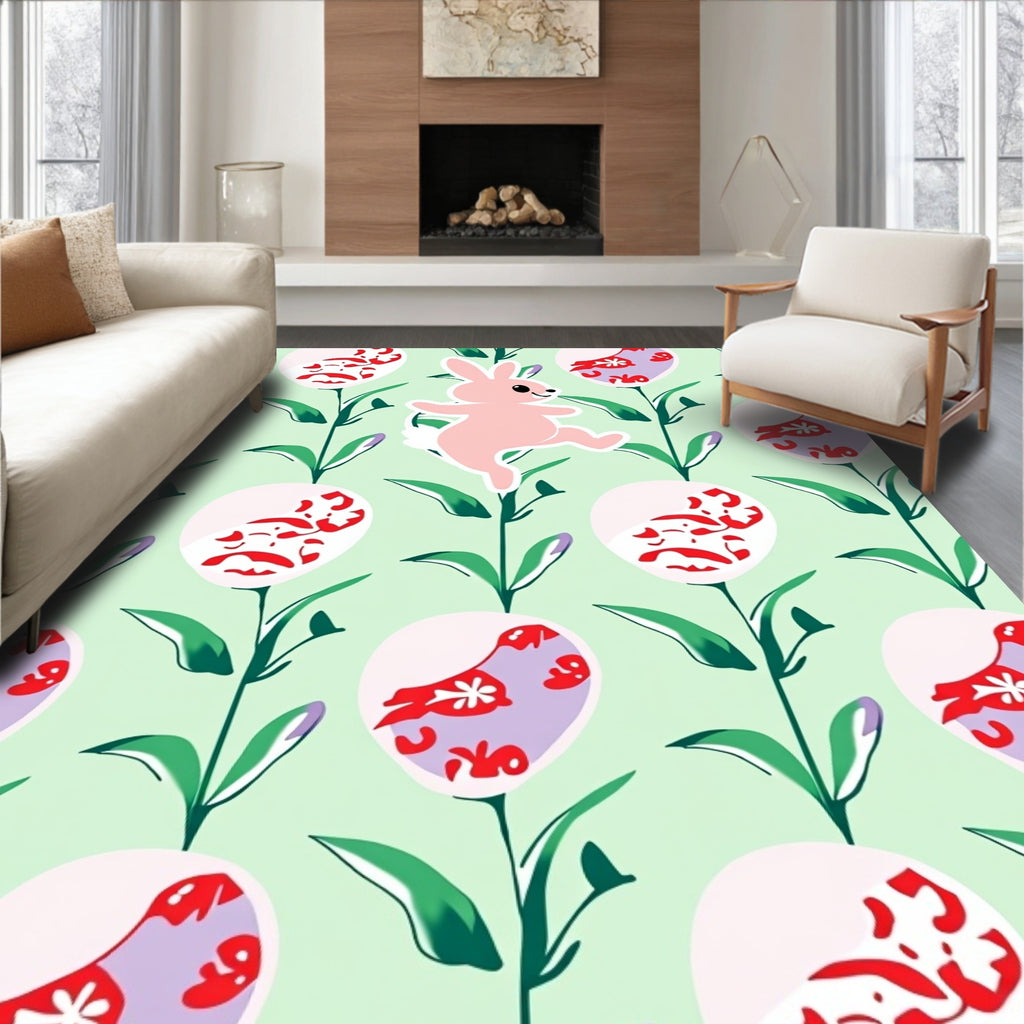 Whimsical Pink Bunny Botanical Garden Rug
