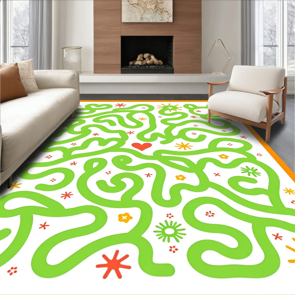 Whimsical Orange Green Heart Maze Rug