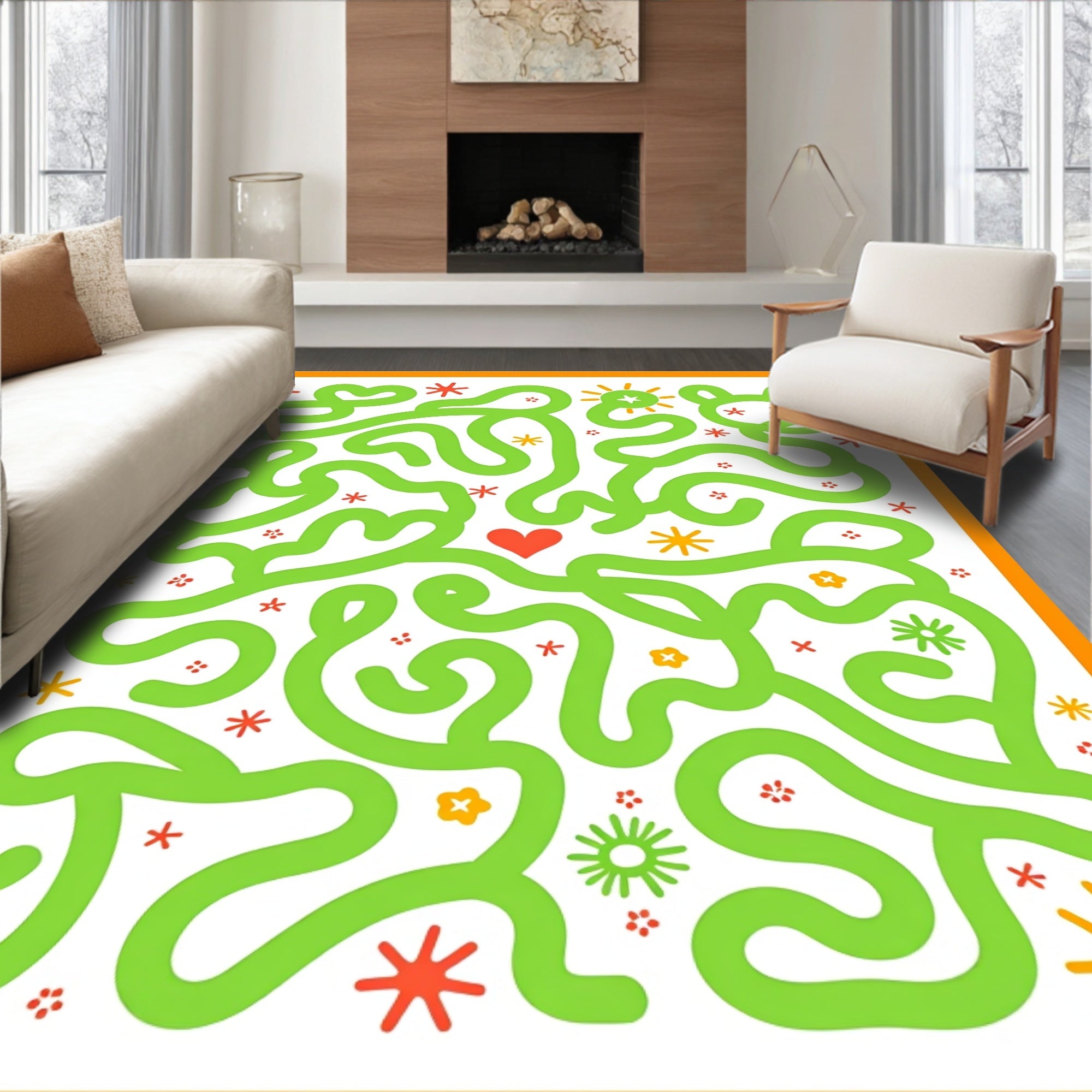 Whimsical Orange Green Heart Maze Rug