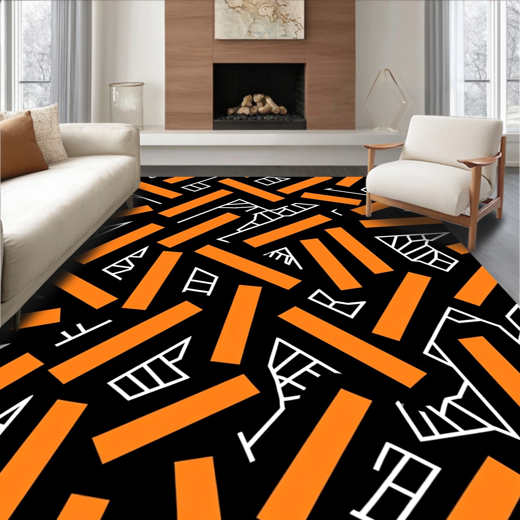 Orange Rectangles White Abstract Forms Rug