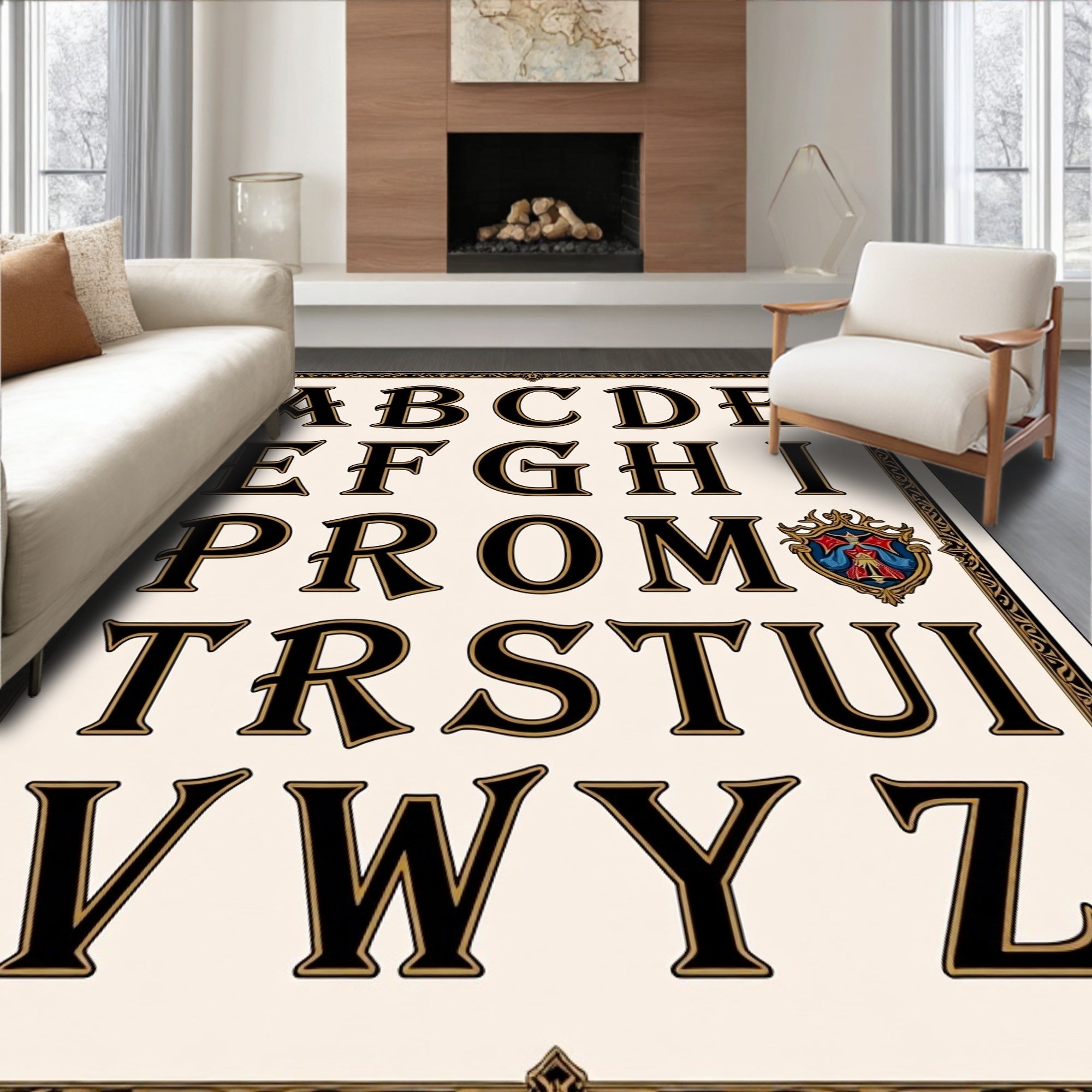 Vintage Serif Alphabet Cream Border Rug