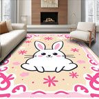 Kawaii White Rabbit Pink Floral Border Rug