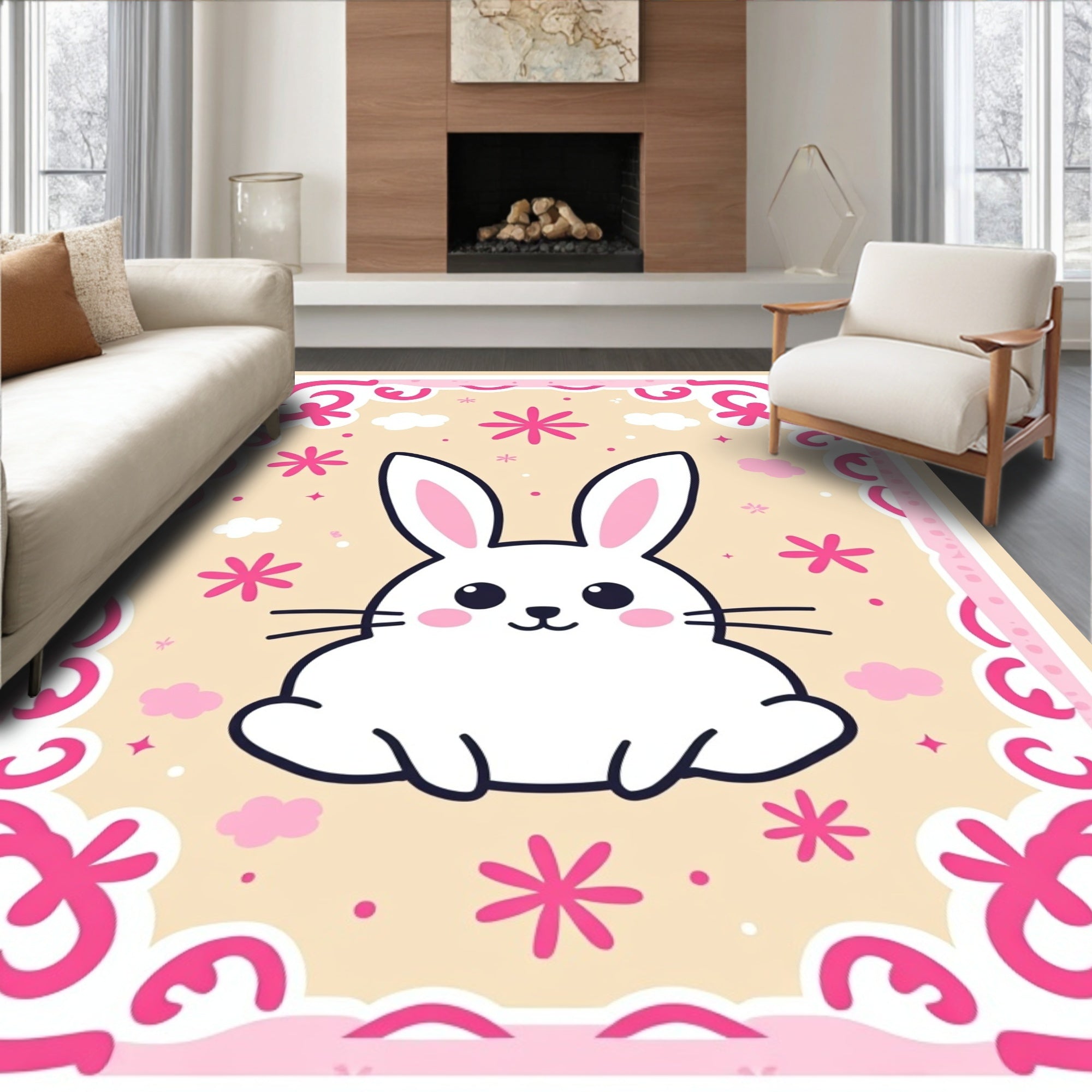 Kawaii White Rabbit Pink Floral Border Rug