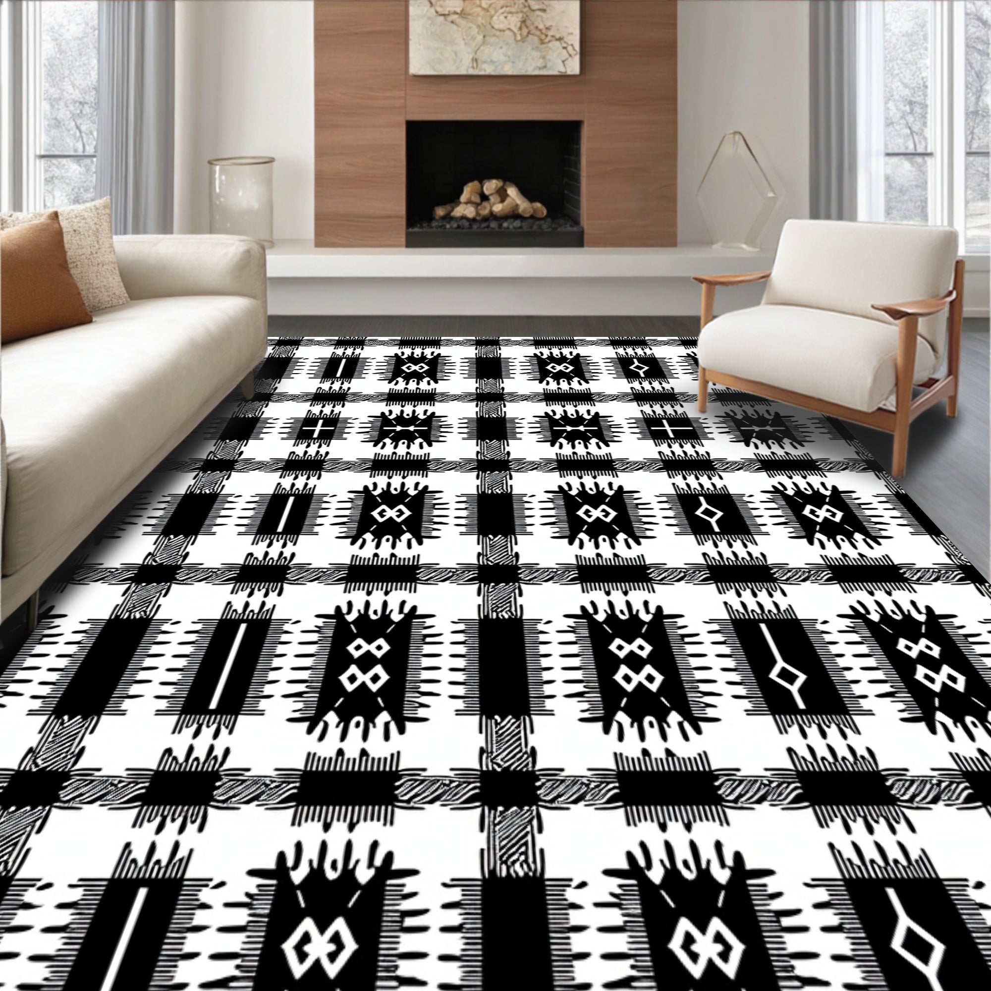 Black and White Plaid Ethnic Medallion Rug