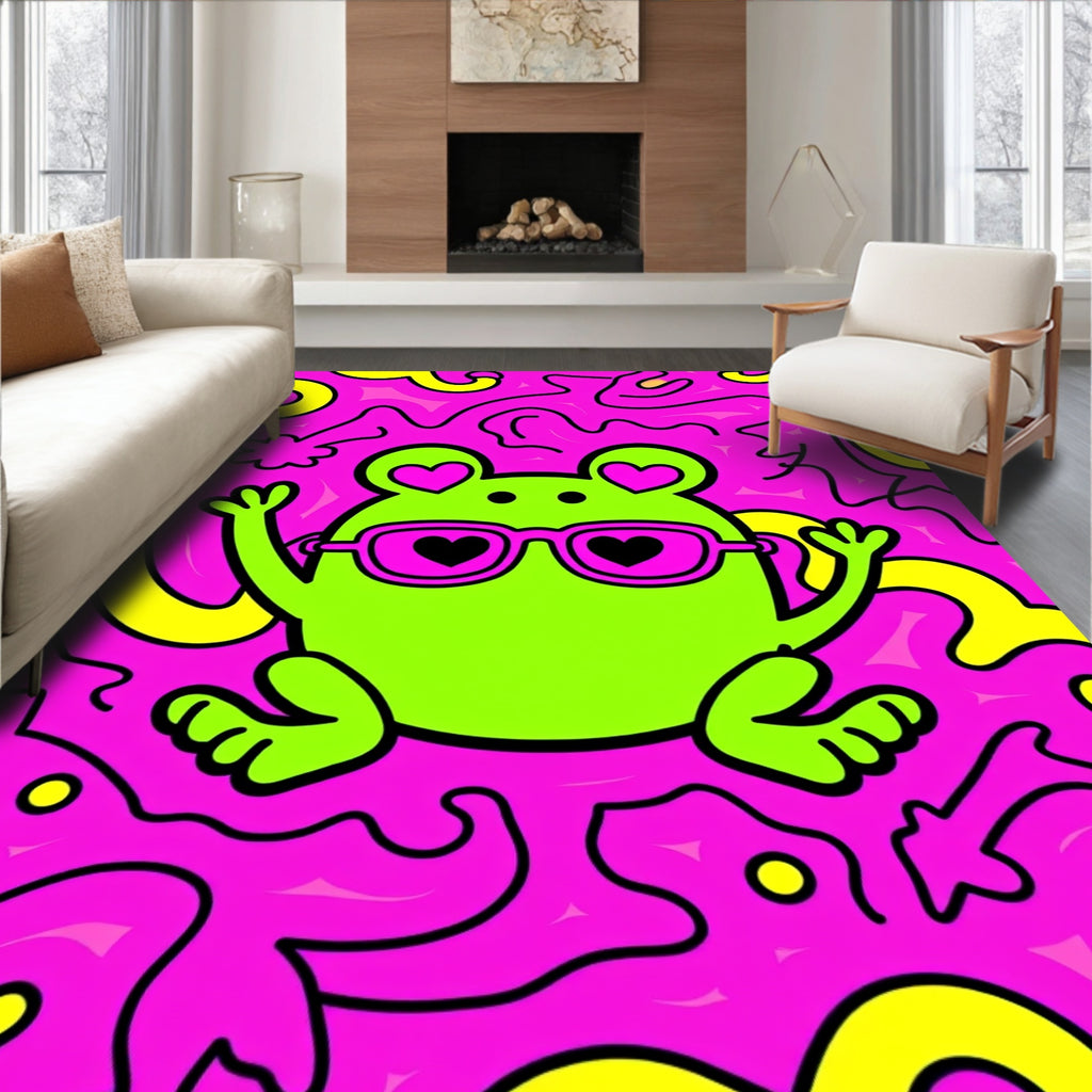 Groovy Green Frog Hearts Pink Yellow Swirls Rug