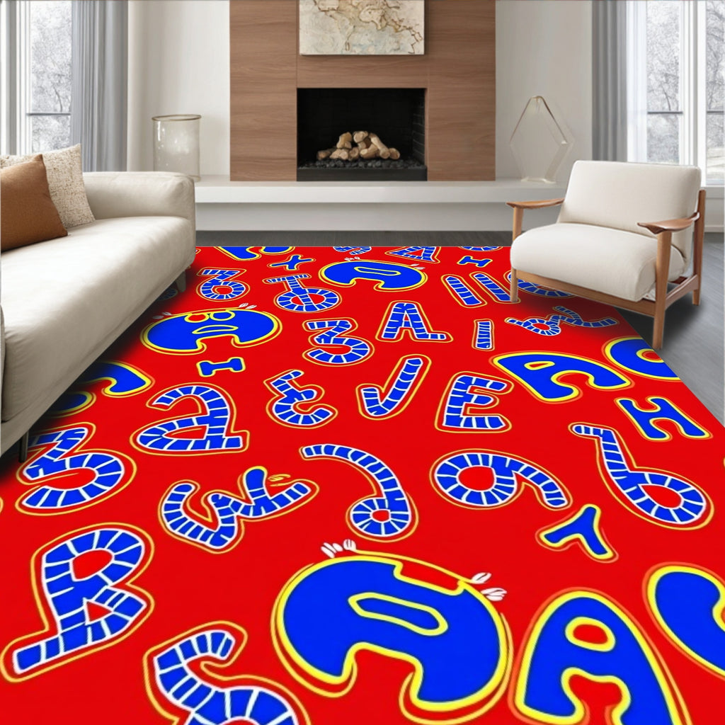 Vibrant Red Blue Alphabet Collage Rug