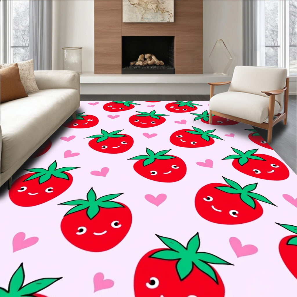 Cute Red Strawberry Hearts Pink Background Rug