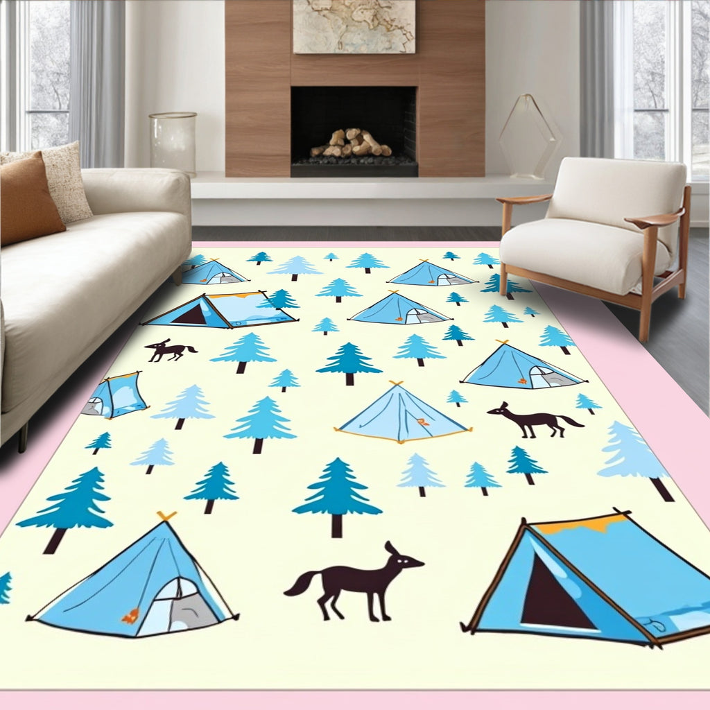 Blue Camping Tents And Forest Animals Rug