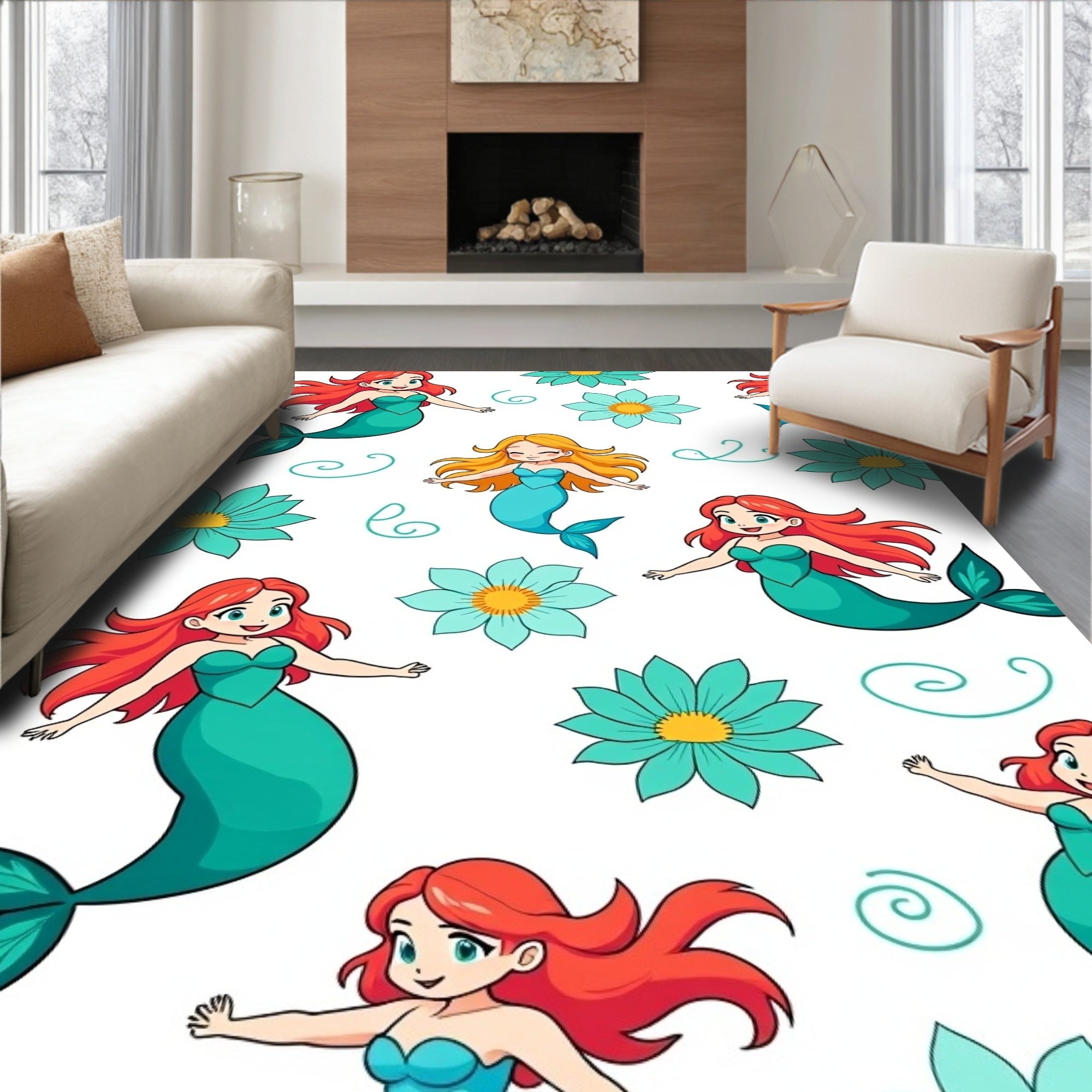 Charming Mermaid Floral Swirl Whimsy Art Rug