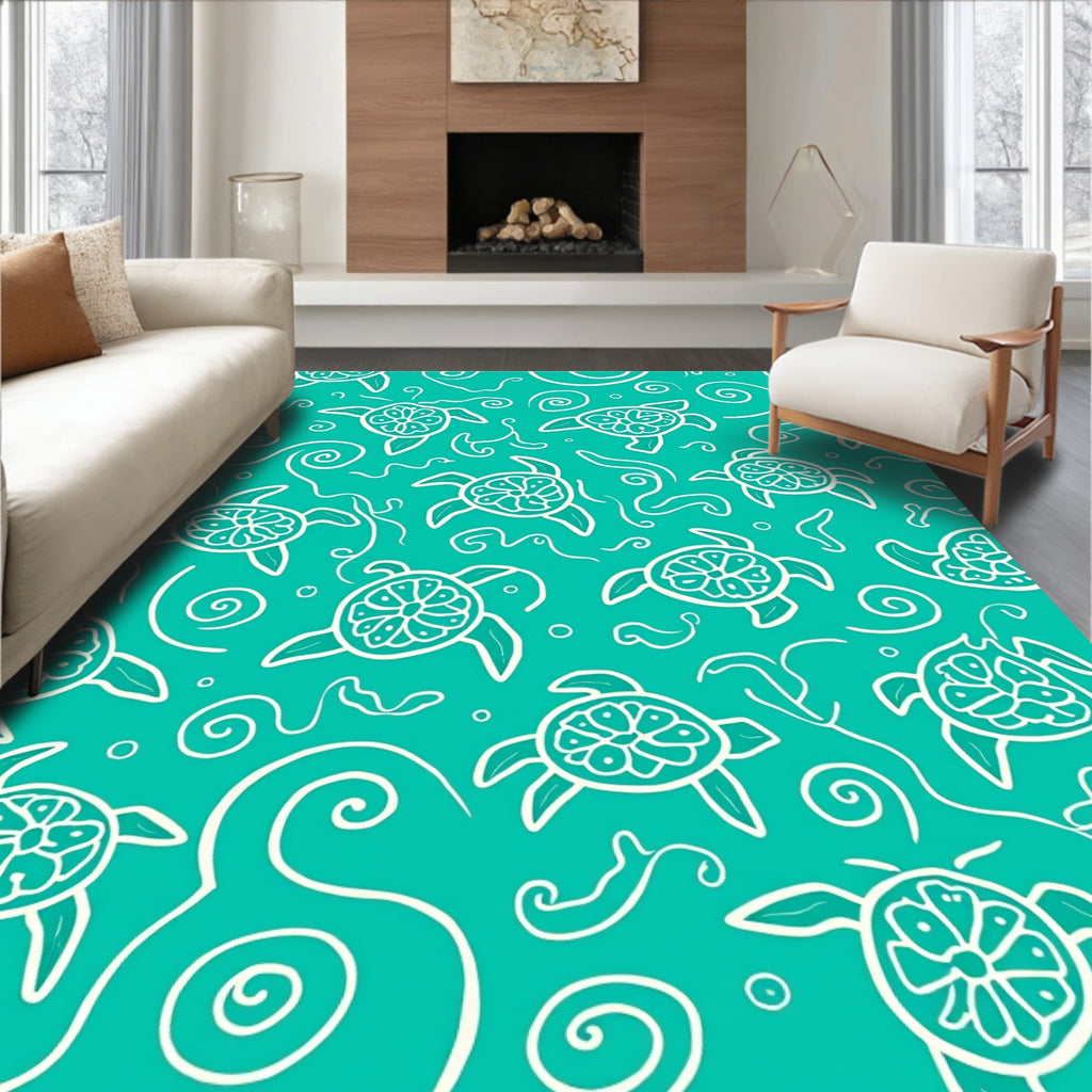 Teal White Turtle Swirl Pattern Rug