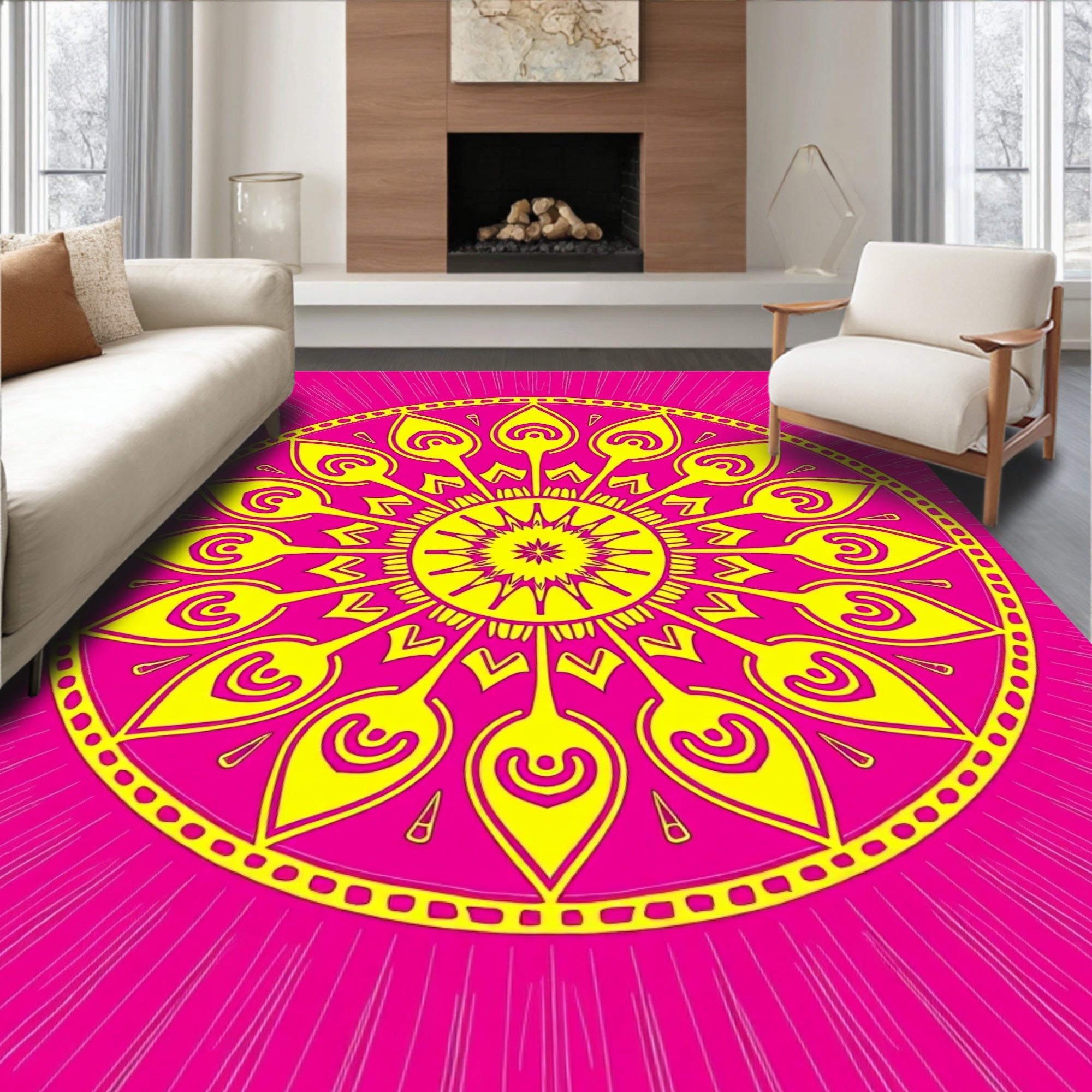 Vibrant Yellow Pink Mandala Sunburst Rug