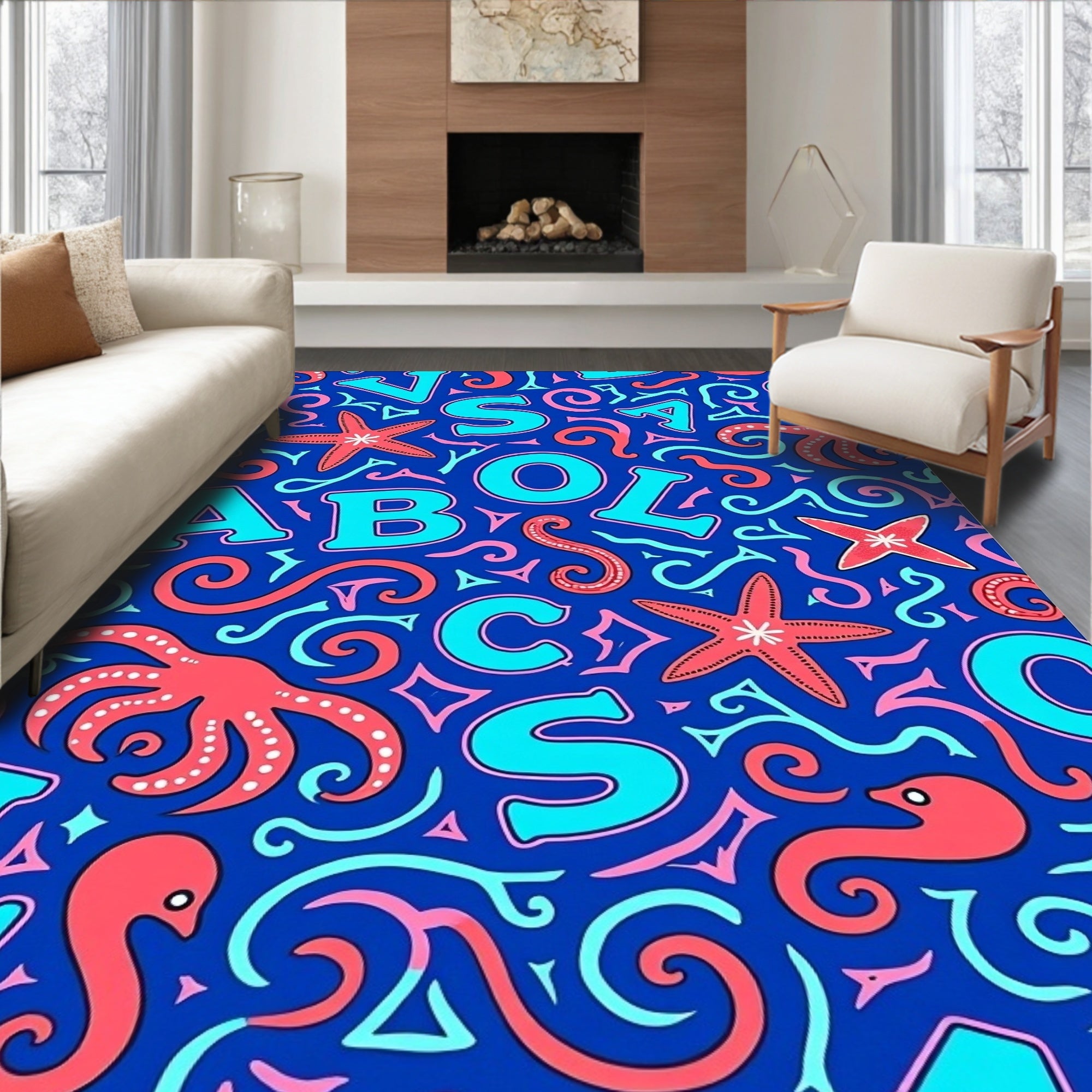 Aquatic Alphabet Medley Turquoise Coral Rug
