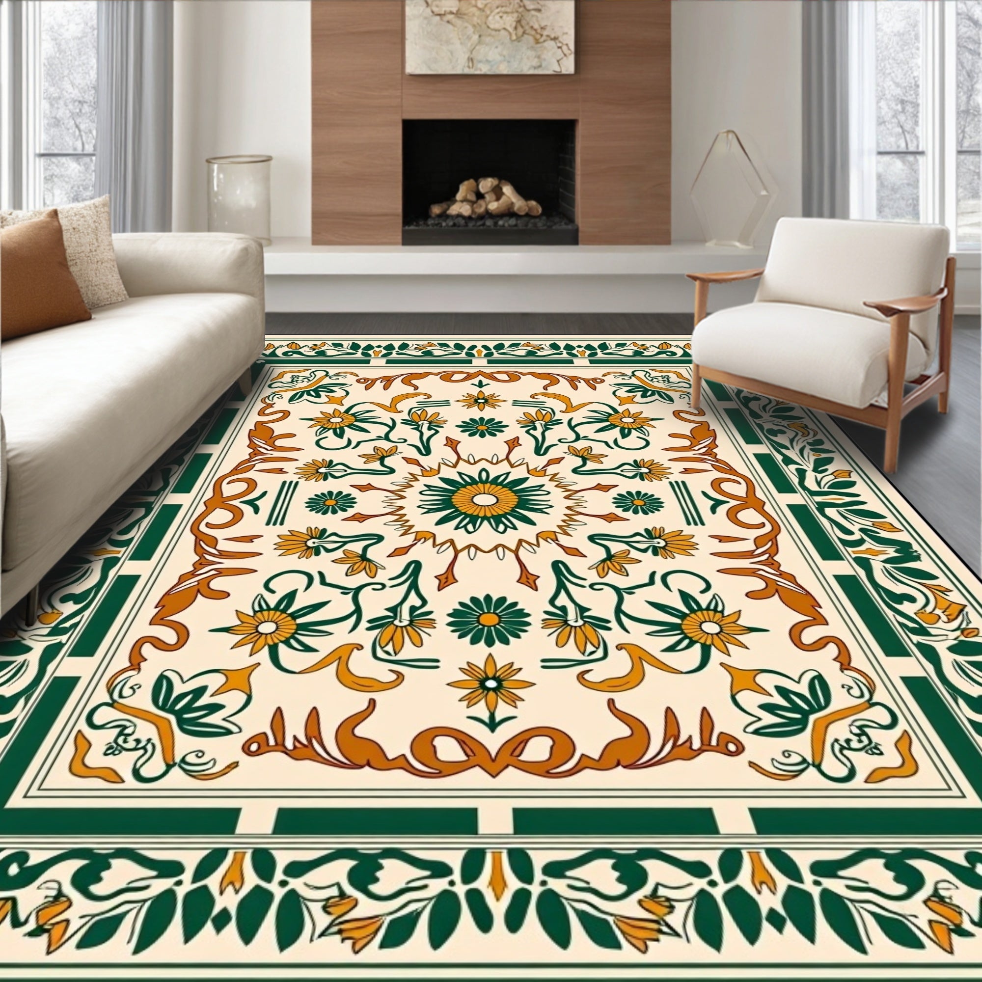 Cream Orange Green Floral Medallion Rug