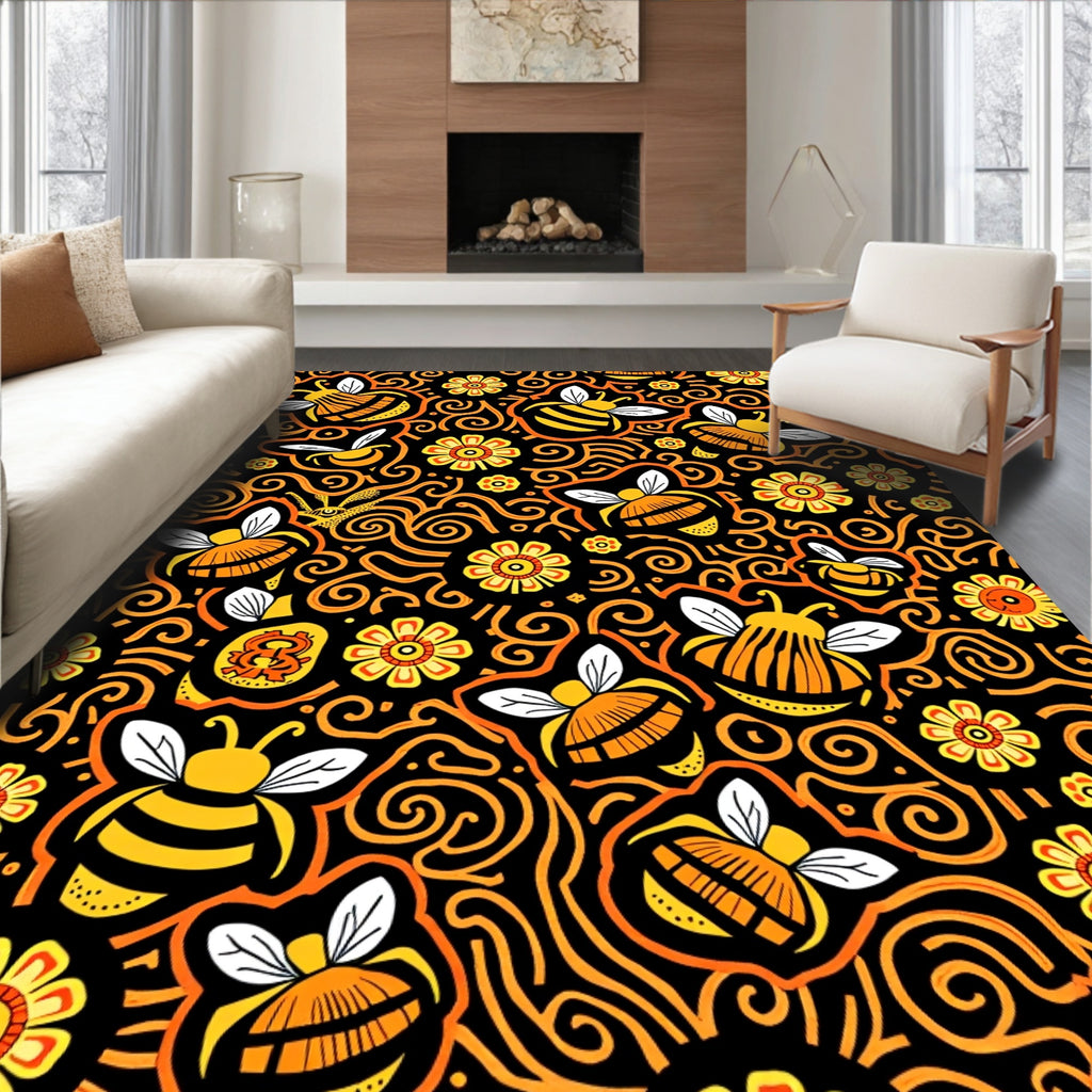 Whimsical Black Yellow Bee Floral Swirl Rug