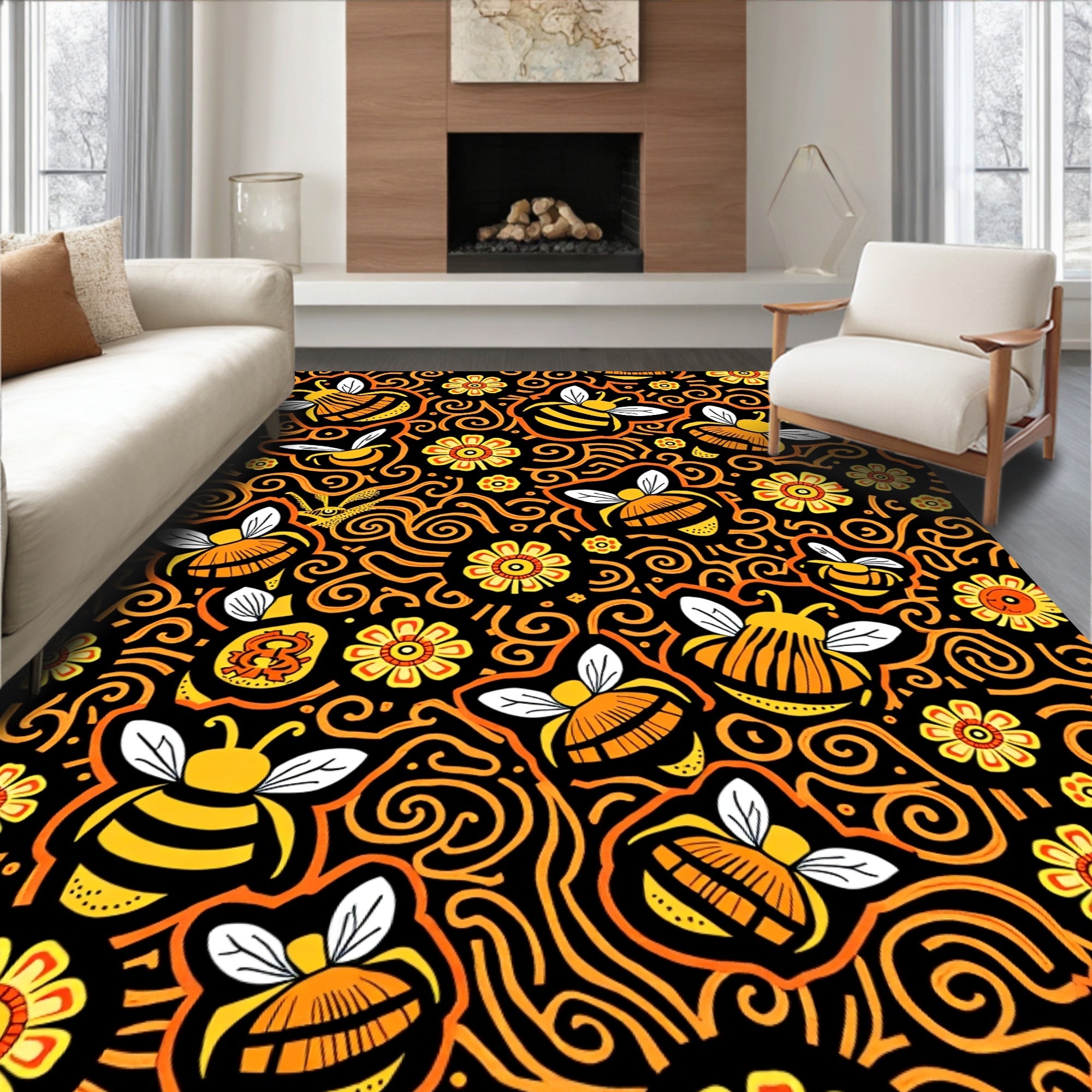 Whimsical Black Yellow Bee Floral Swirl Rug
