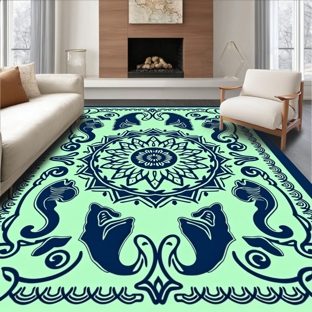 Naval Blue Elephant Medallion Jade Rug