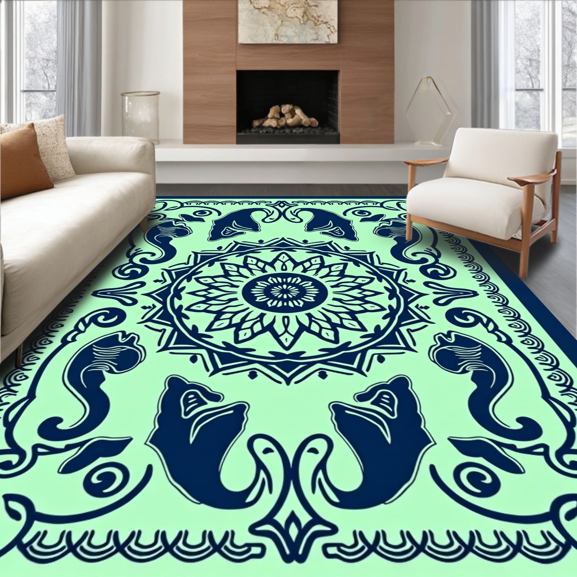 Naval Blue Elephant Medallion Jade Rug