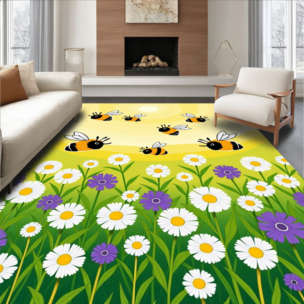 Joyful bees and blooming daisies scene Rug