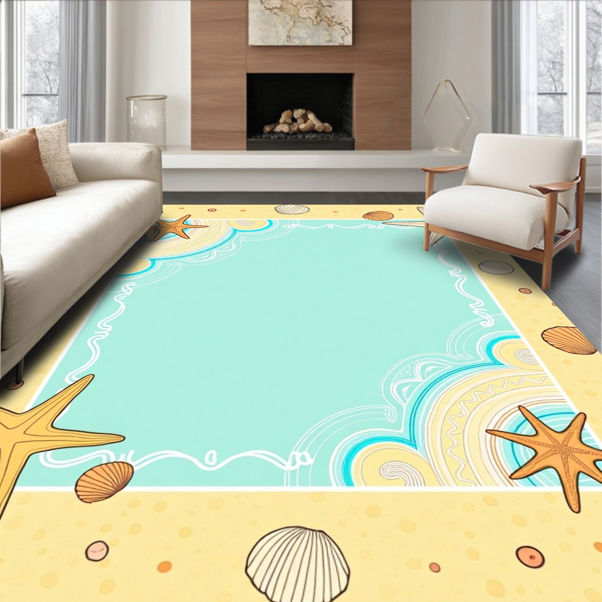 Coastal Starfish Shell Beach Border Rug