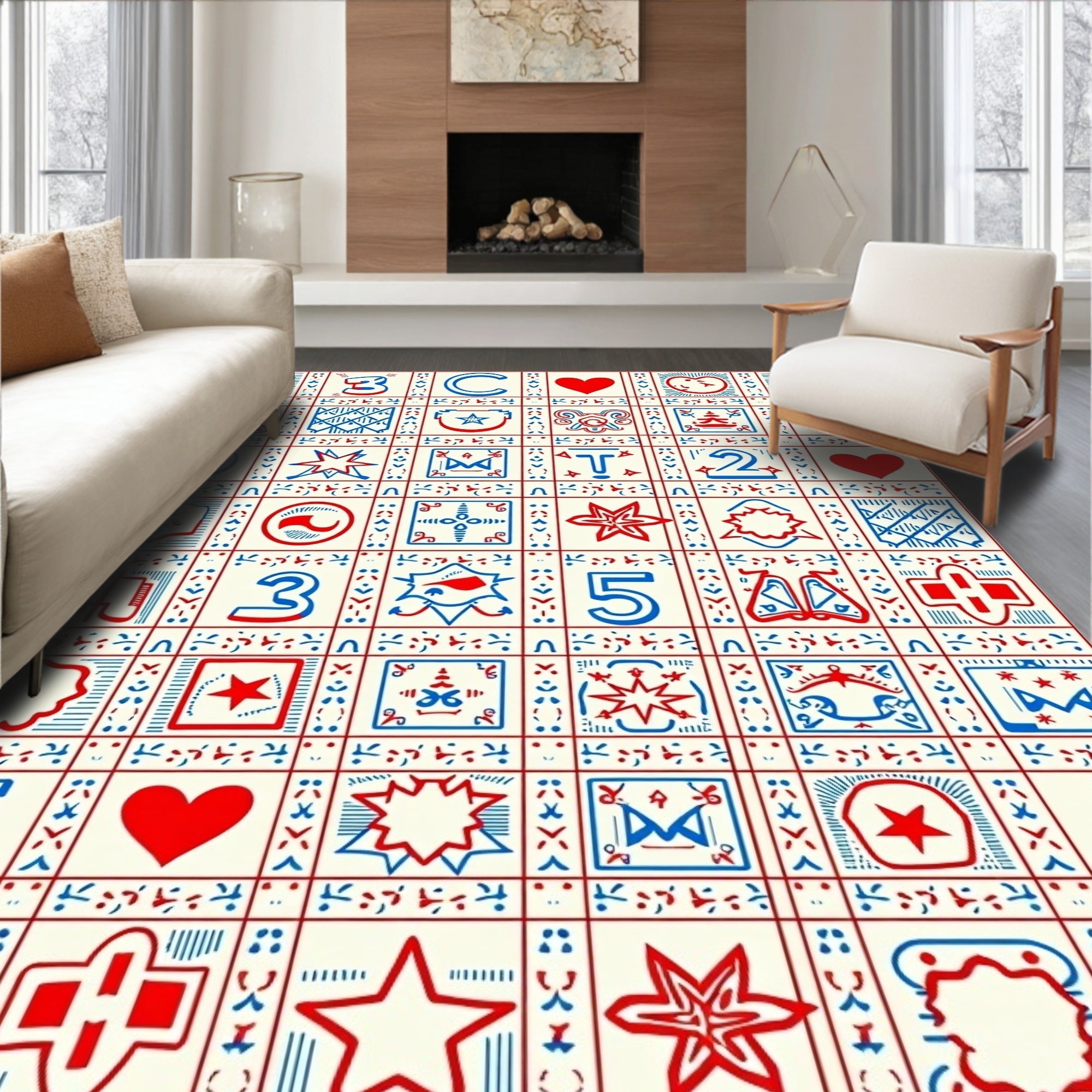 Red White Blue Graphic Geometric Icons Rug