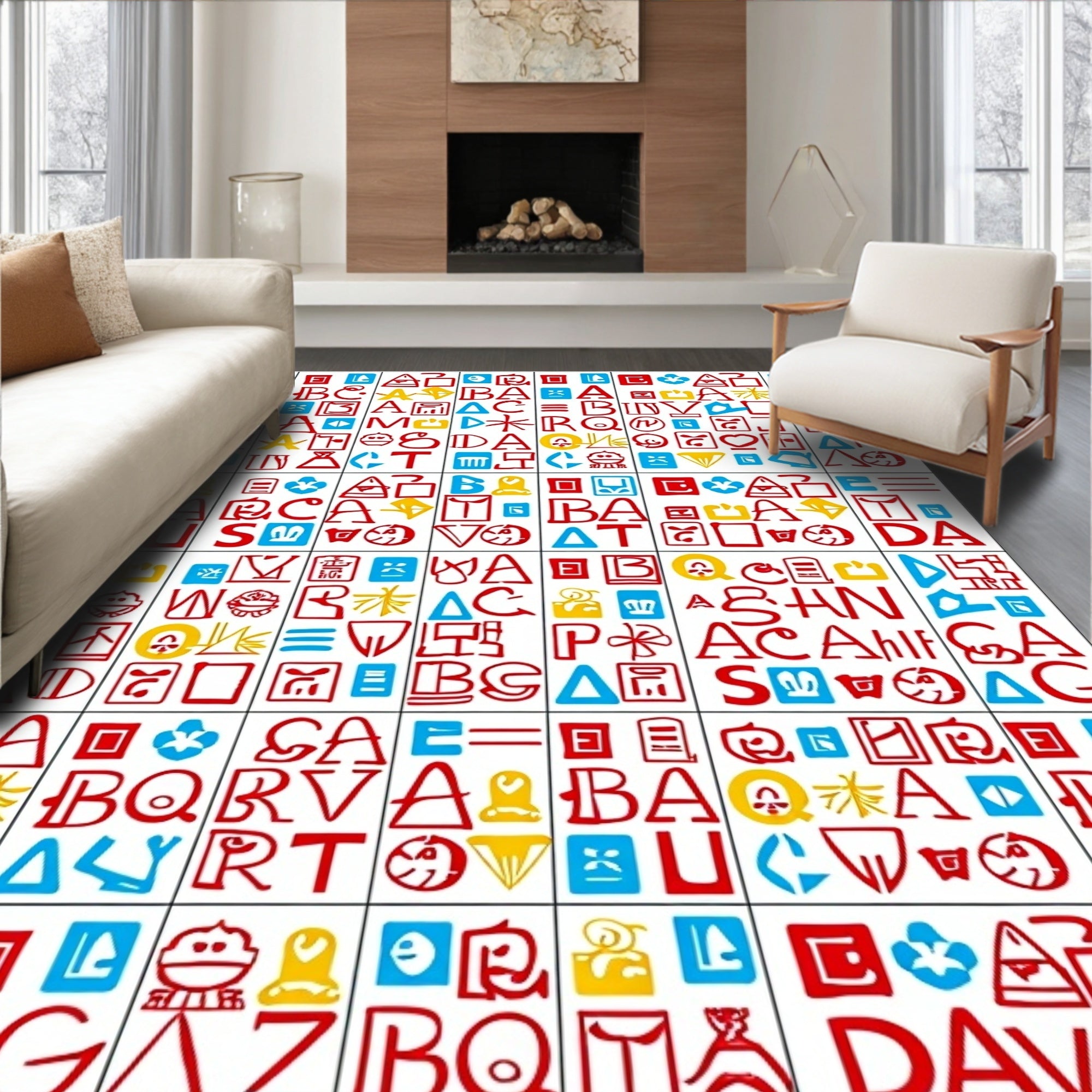 Red Blue Yellow Alphabet Collage Rug