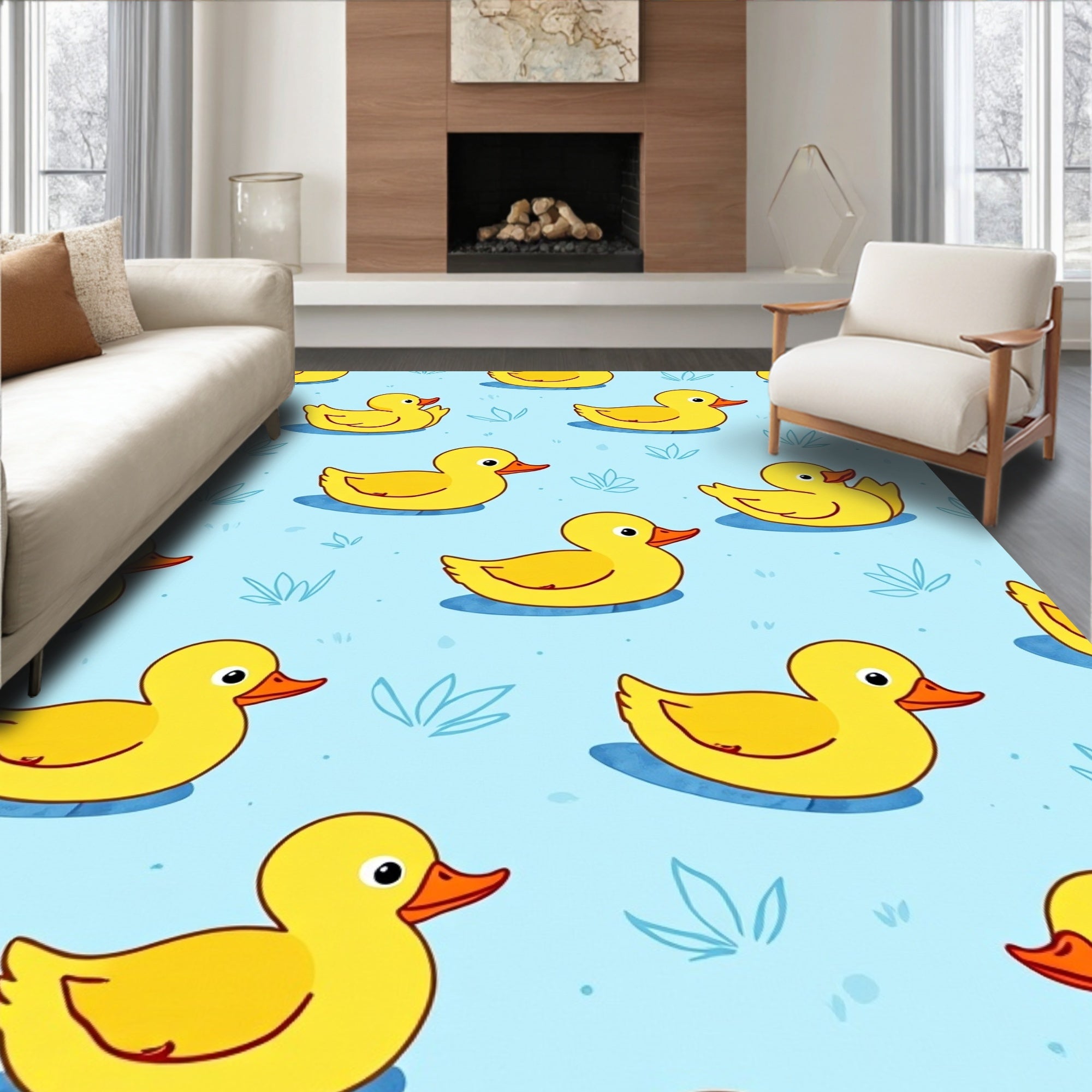 Whimsical Yellow Duckling Water Pattern Rug