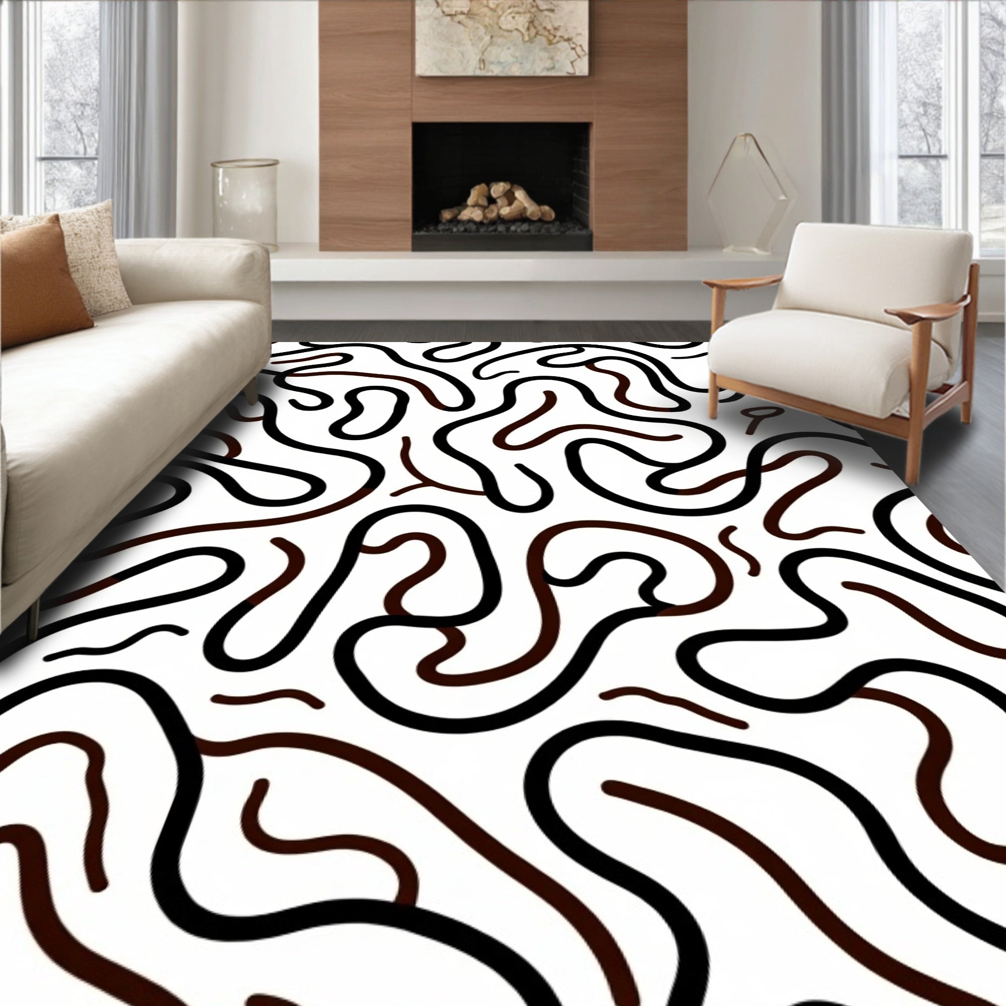 Abstract Black Brown Wavy Lines Rug