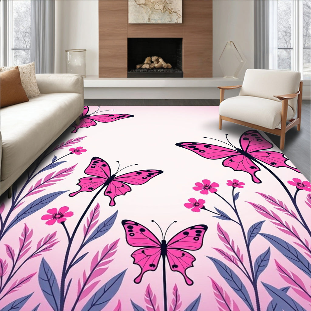 Pink Butterfly Garden Whimsy Botanical Rug