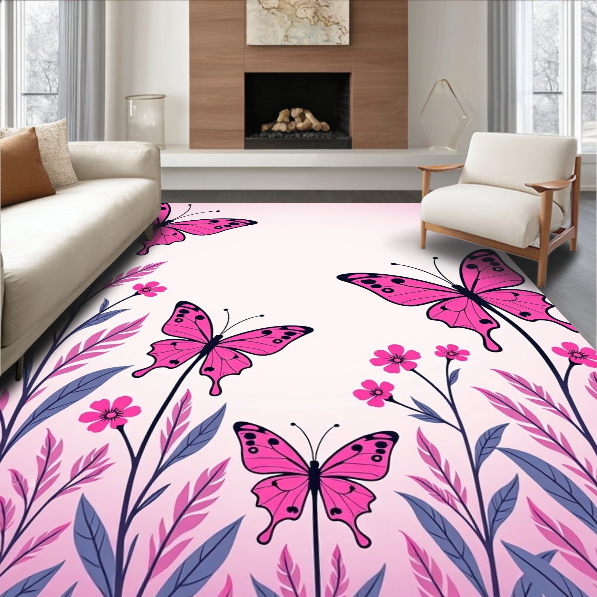 Pink Butterfly Garden Whimsy Botanical Rug