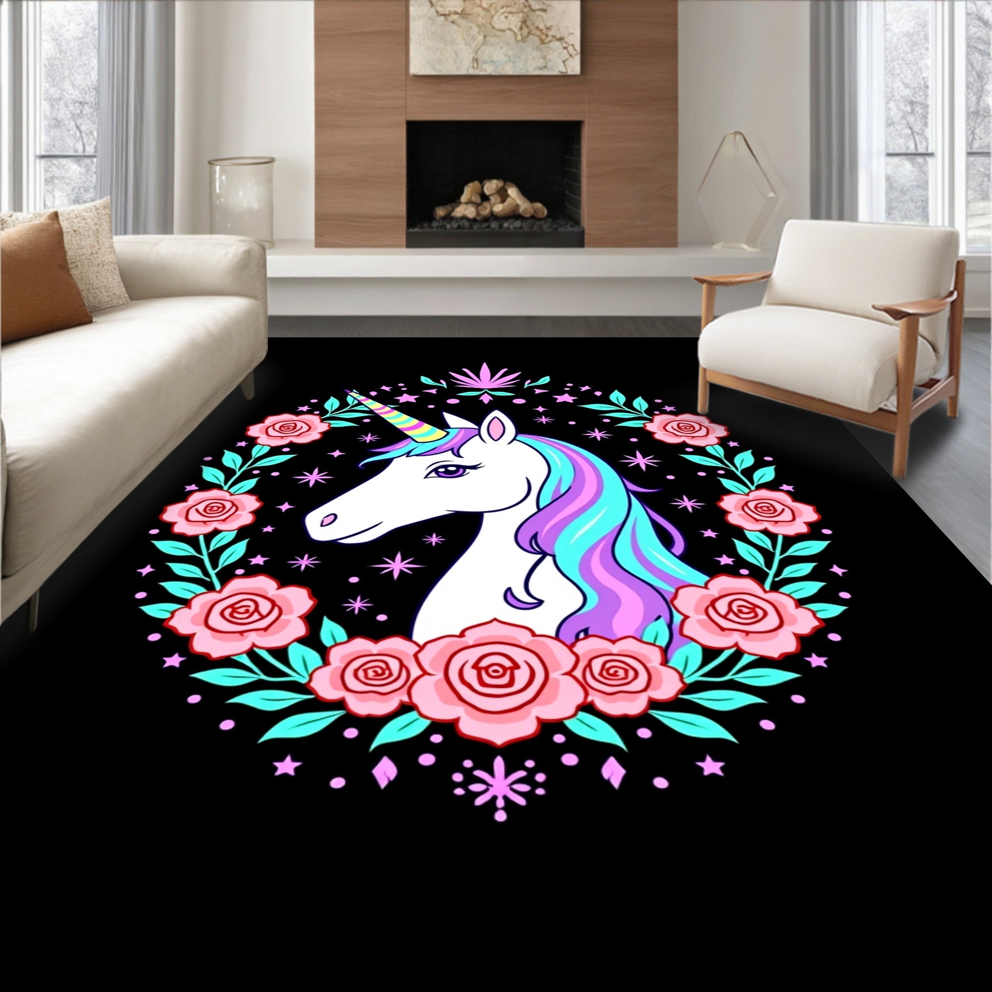 Whimsical Unicorn Rose Garland Starry Rug