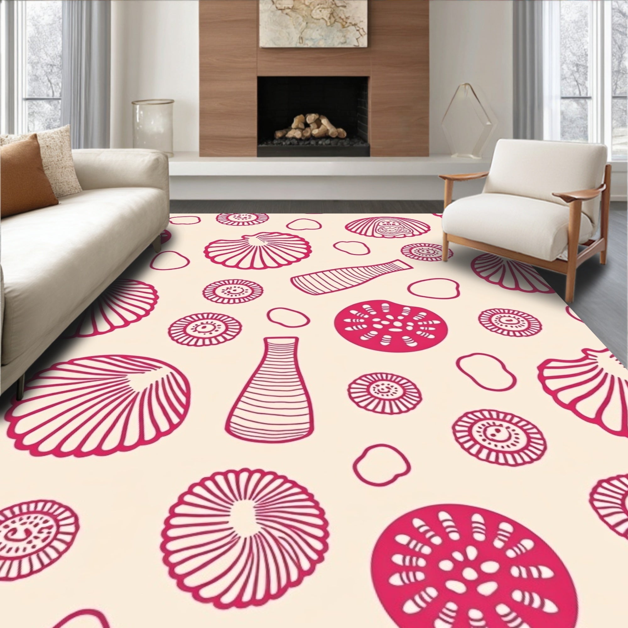 Crimson Seashell and Pod Arrangement Rug