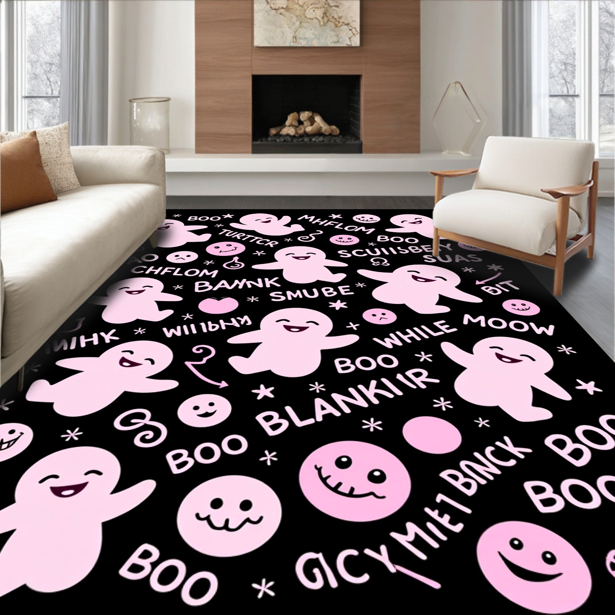 Pink Joyful Ghosts Repeating Pattern Rug