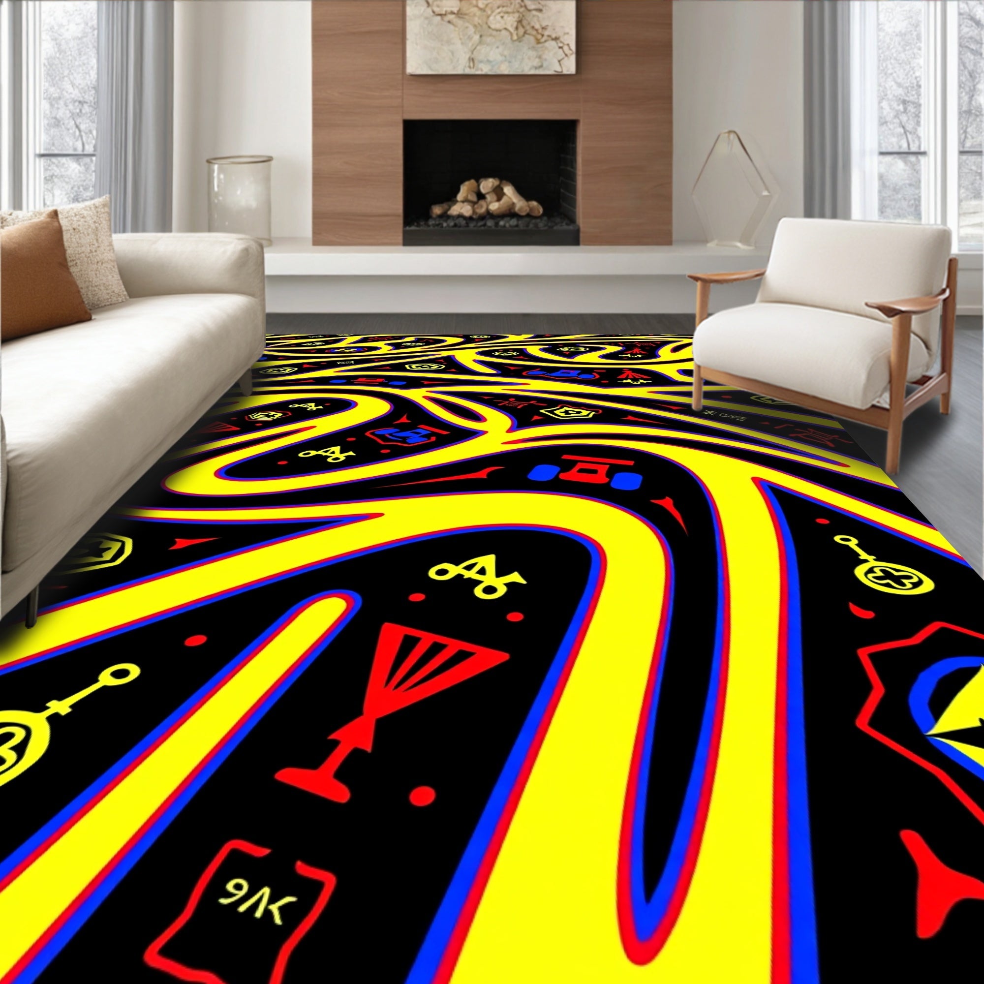 Retro Yellow Red Blue Graphic Rug