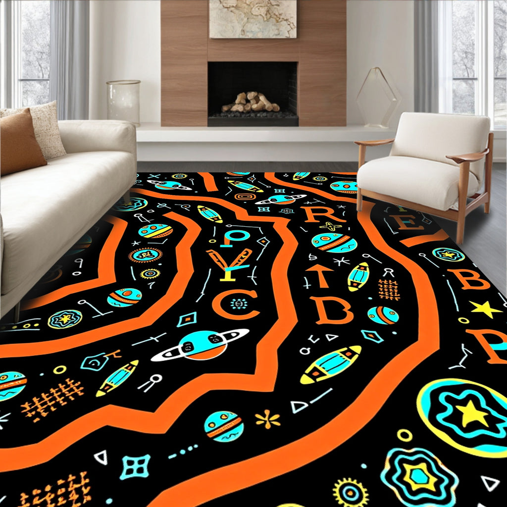 Orange Wavy Abstract Space Icons Rug