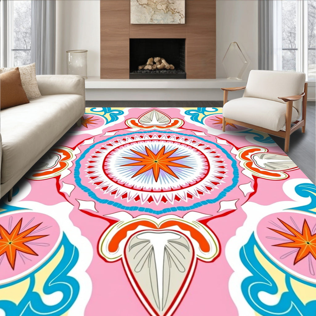 Playful Pink Orange Starburst Mandala Rug