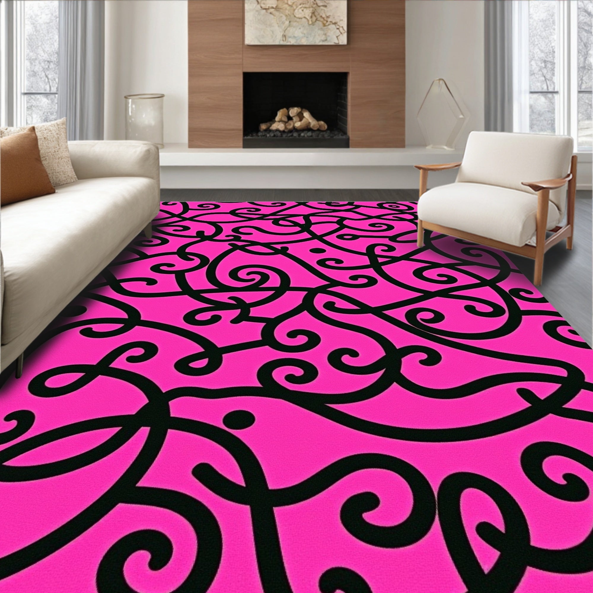 Hot Pink Black Swirl Continuous Line Rug